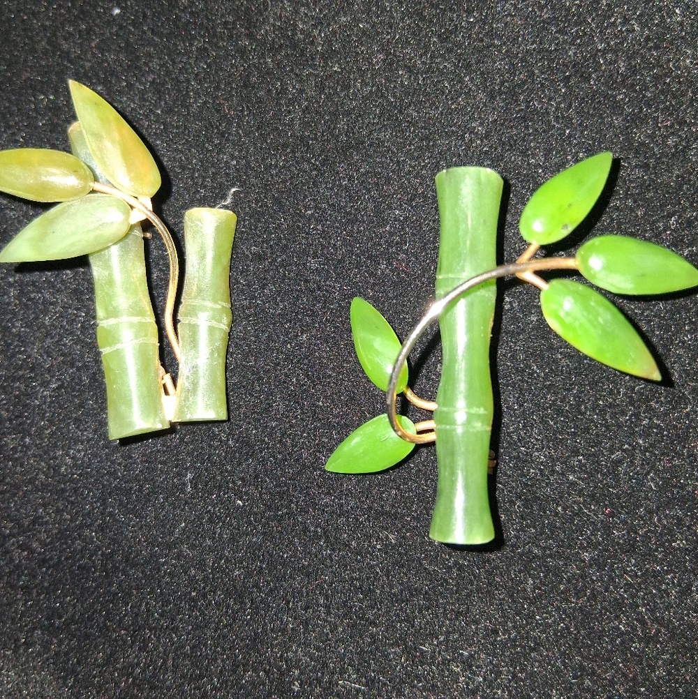 2 Vintage Jadeite Jade Bamboo Brooches